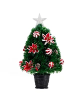 Nearly Natural 24in. Pre-Lit Fiber Optic Artificial Christmas Tree with Ornaments, Poinsettia and Star Topper