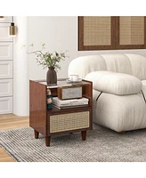 Sugift Bamboo Rattan Nightstand with Drawer and Solid Wood Legs