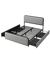 Streamdale Furniture Modern Metal Bed Frame with Curved Upholstered Headboard and Footboard Bed with 4 Storage Drawers, Heavy Duty Metal Slats, Queen