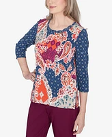 Alfred Dunner Classic Paisley Patchwork Knotted Crew Neck Top