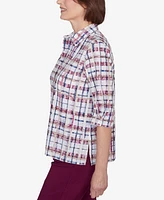 Alfred Dunner Classic Plaid Cuffed Sleeve Button Down Top