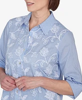 Alfred Dunner Classic Embroidered Pinstripe Button Down Top