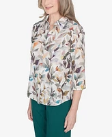 Alfred Dunner Classic Water Colored Leaf Filled Button Down Top