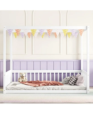 Simplie Fun Full Size Canopy Frame Floor Bed with Fence, Guardrails, White