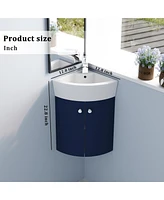 Corner Bathroom Vanity Sink Combo For Small Space Wall Mounted Cabinet Set, Ceramic Sink