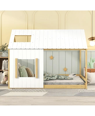 Simplie Fun Full Size House Bed with Roof and Window - White+Natural