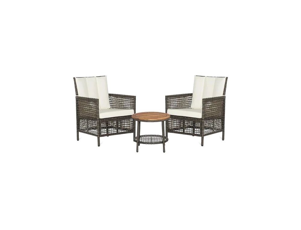 Slickblue 3 Pieces Patio Rattan Furniture Set with Cushioned Sofas and Wood Table Top-White