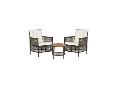 Slickblue 3 Pieces Patio Rattan Furniture Set with Cushioned Sofas and Wood Table Top-White