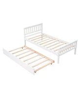 Twin Bed with Trundle, Platform Bed Frame with Headboard and Footboard, for Bedroom Small Living Space, No Box Spring Needed, White