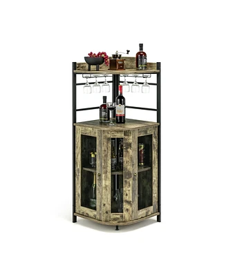 Slickblue Industrial Corner Bar Cabinet with Glass Holder and Adjustable Shelf