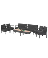 Costway 8PCS Patio Rattan Furniture Set Cushioned Chair Wooden Tabletop