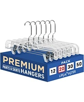 Lifemaster 12 Pcs. 14 inch Clear Plastic Skirt Hangers with Adjustable Clips - Space-Saving Closet Organizer, 360° Swivel Hook