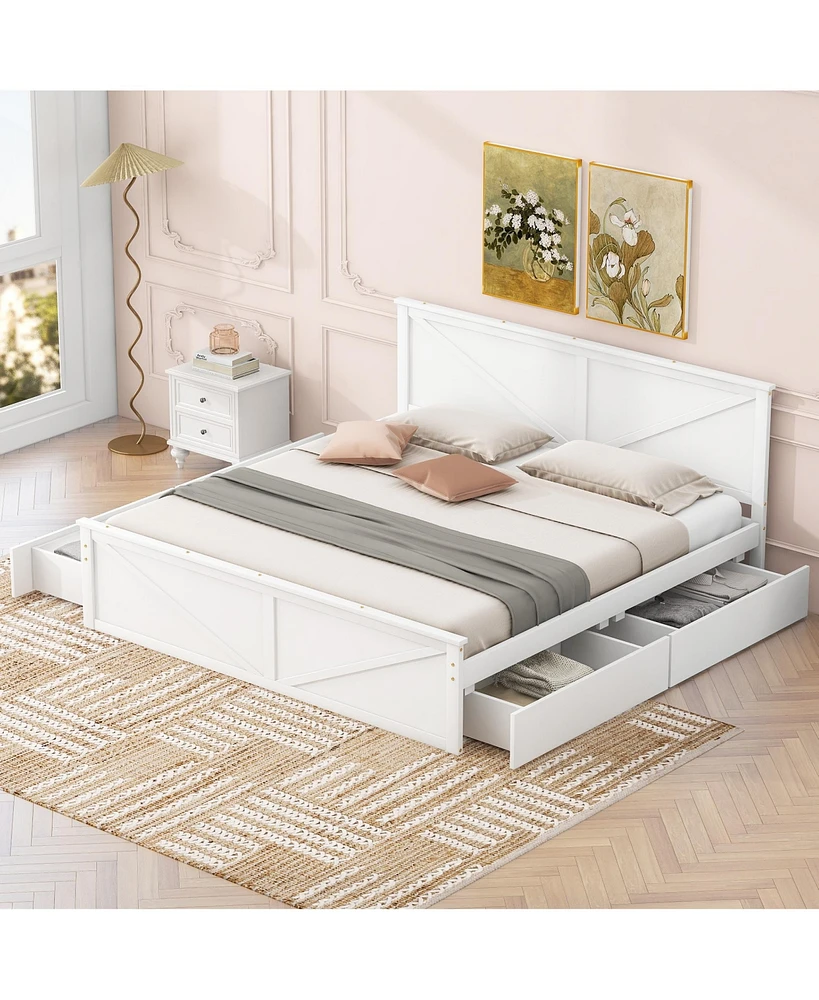 Streamdale Furniture King Size Wooden Platform Bed with Four Storage Drawers and Support Legs, White