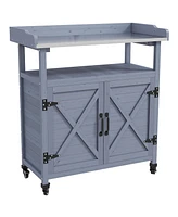 Outsunny Outdoor Potting Bench with Storage, Aluminum Tabletop, Wheels