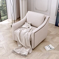Swivel Armchair in Cotton Linen with Brass Accents