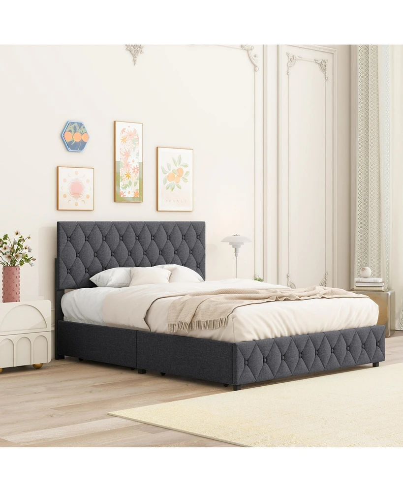 Simplie Fun Queen Size Upholstered Platform Bed Frame with 4 Storage Drawers, Adjustable Linen Headboard, Wooden Slats Support, No Box Spring Needed