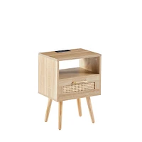 Rattan End Table With Power Outlet & Usb Ports, Modern Nightstand With Drawer And Solid Wood