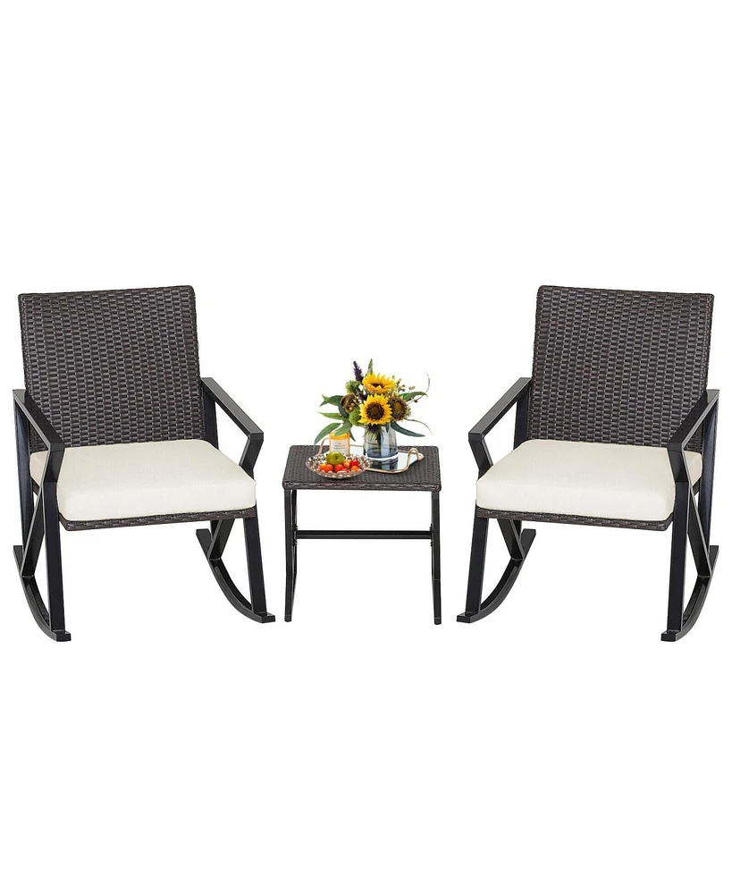 Slickblue 3 Piece Patio Wicker Rocking Chairs Set with Heavy-Duty Metal Frame