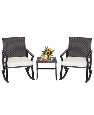 Slickblue 3 Piece Patio Wicker Rocking Chairs Set with Heavy-Duty Metal Frame