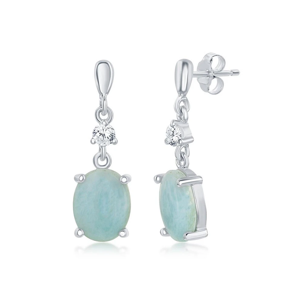 Caribbean Treasures Sterling Silver Four-Prong Oval Larimar with Cz Dangle Earrings