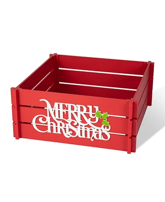 Glitzhome L Red Merry Christmas Wooden Crate Tree Collar