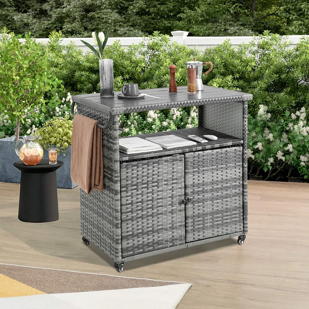 Versatile Outdoor Wicker Bar Cart with Wheels and Glass Tabletop