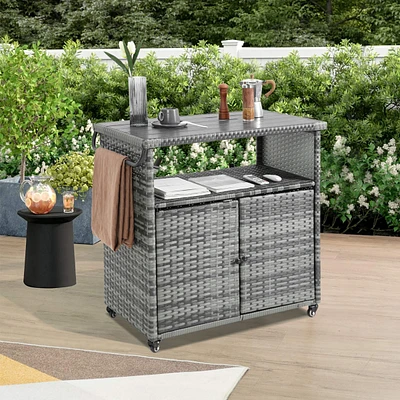 Versatile Outdoor Wicker Bar Cart with Wheels and Glass Tabletop
