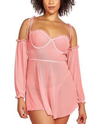 Hauty Plus 2PC Babydoll Lingerie Set Sheer Soft Mesh and Attached off the Shoulder Sleeves