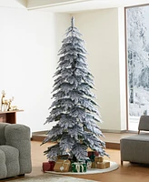 Glitzhome 7.5ft Pre Lit Flocked Rotating Slim Spruce Artificial Christmas Tree with 400 Clear Lights,9 Functional Warm White Multi color,remote contro