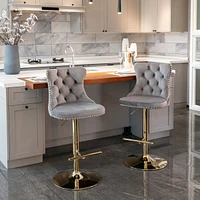 Set of 2 Gray Velvet Bar Stools, Adjustable Height