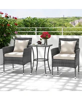 Gymax 3-Piece Patio Furniture Set Pe Wicker Conversation Bistro Set w/ A Tempered Glass Table