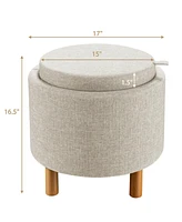 Slickblue Round Fabric Storage Ottoman with Tray and Non-Slip Pads for Bedroom