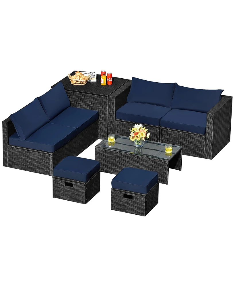 Costway 8PCS Patio Rattan Furniture Set Storage Table Ottoman