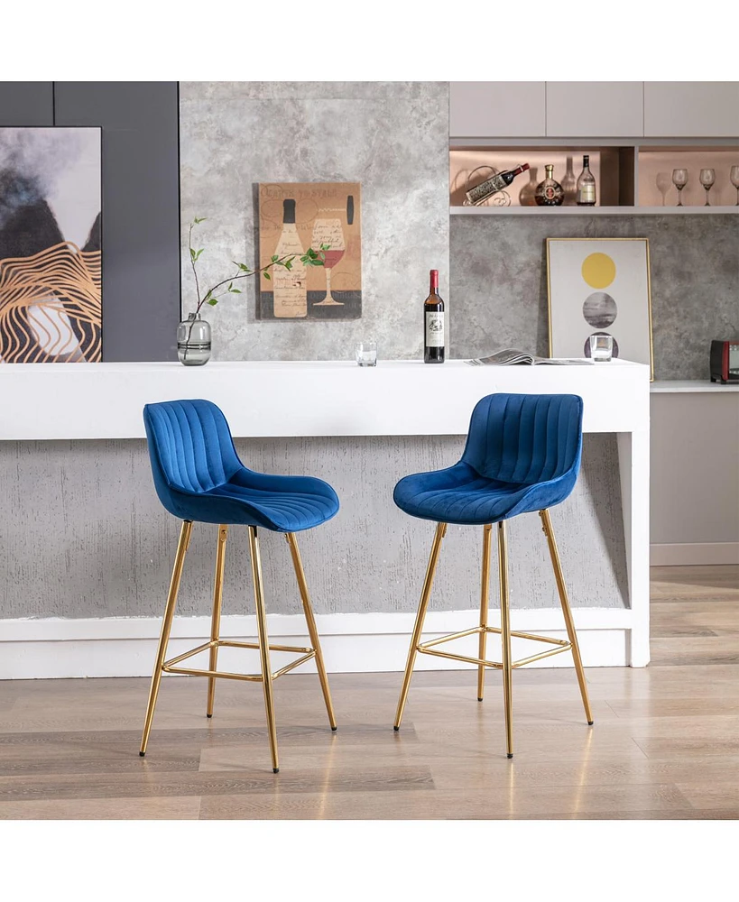 Simplie Fun Set Of 2 Bar Stools, With Steel Frame Footrest Velvet Fabric Golden Leg Simple Bar Stool, Blue