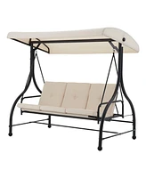 Mondawe Khaki Steel 3-Person Outdoor Patio Swing Chair with Removable Cushion and Convertible Canopy