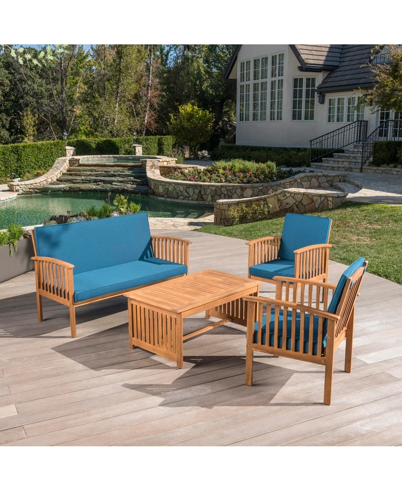 Simplie Fun Outdoor Acacia Wood Sofa Set with Water Resistant Cushions, 4-Pcs Set, Brown Patina / Teal Blue