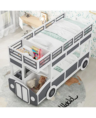 Simplie Fun Twin over Twin Bus-shaped Bunk Bed with Wheels and Storage, Gray+White