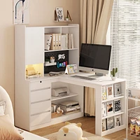 Simplie Fun L Shaped Desk with Charger, Computer Desk with Drawers, Bookshelf & Hutchwith Led Light, Modern Corner Desk, Home Office Desk, L