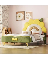 Simplie Fun Twin Size Upholstered Platform Bed with Sunflower Shaped Headboard, Green