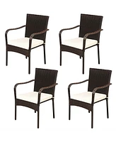 Slickblue Set of 4 Patio Rattan Stackable Dining Chair with Cushioned Armrest for Garden