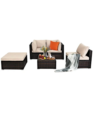 Costway 5PCS Patio Rattan Furniture Set Ottoman Table