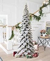 Glitzhome 12ft Pre Lit Flocked Layered Slim Spruce Artificial Christmas Tree with 900 Warm White Lights, Three Function, Simple Setup