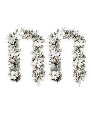 Glitzhome Set of 2 6ft Pre Lit Flocked Greenery Pine White Poinsettia Christmas Garland, with 50 Warm White Lights with Timer, Three Function