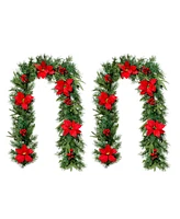 Glitzhome Set of 2 6ft Pre Lit Greenery Pine Red Poinsettia and Berries Christmas Garland, with 50 Warm White Lights and Timer, Three Function