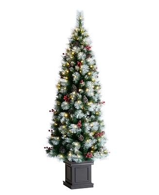 Glitzhome 6ft Pre Lit Greenery Pine Cones and Red Berries Christmas Porch Tree, with 200 Warm White Lights