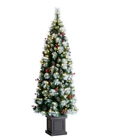 Glitzhome 6ft Pre Lit Greenery Pine Cones and Red Berries Christmas Porch Tree, with 200 Warm White Lights