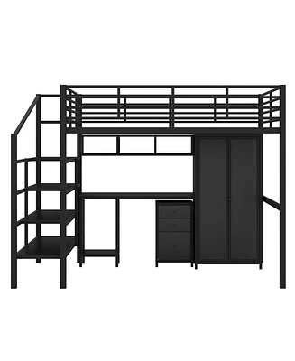 Simplie Fun Metal Loft Bed With Table Set And Wardrobe, Full