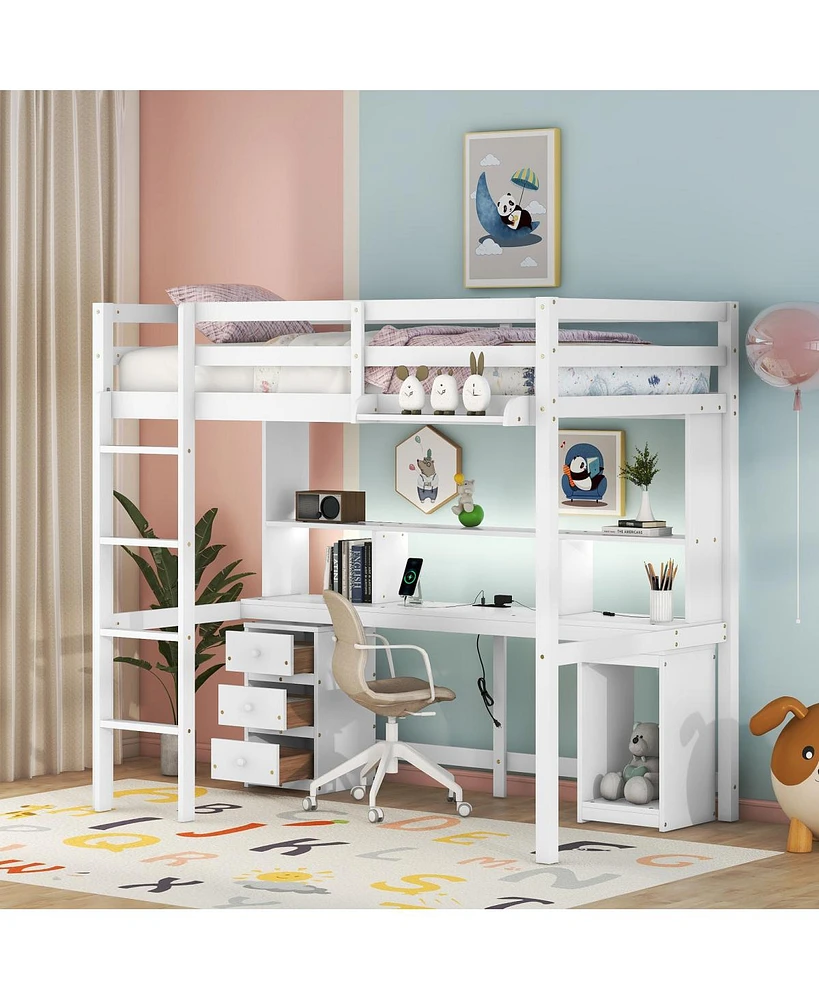 Simplie Fun Twin Size Loft Bed With Multi-Storage Desk, Led Light And Bedside Tray, Charging Station