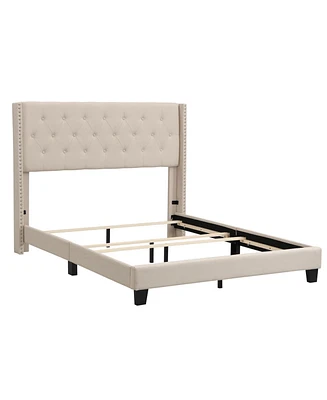 Simplie Fun Upholstered Platform Bed With Classic Headboard, Box Spring Needed, Linen Fabric, Queen