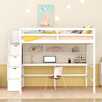 Full Size Loft Bed With Built-In Desk, Bookshelves And Storage Staircase, White